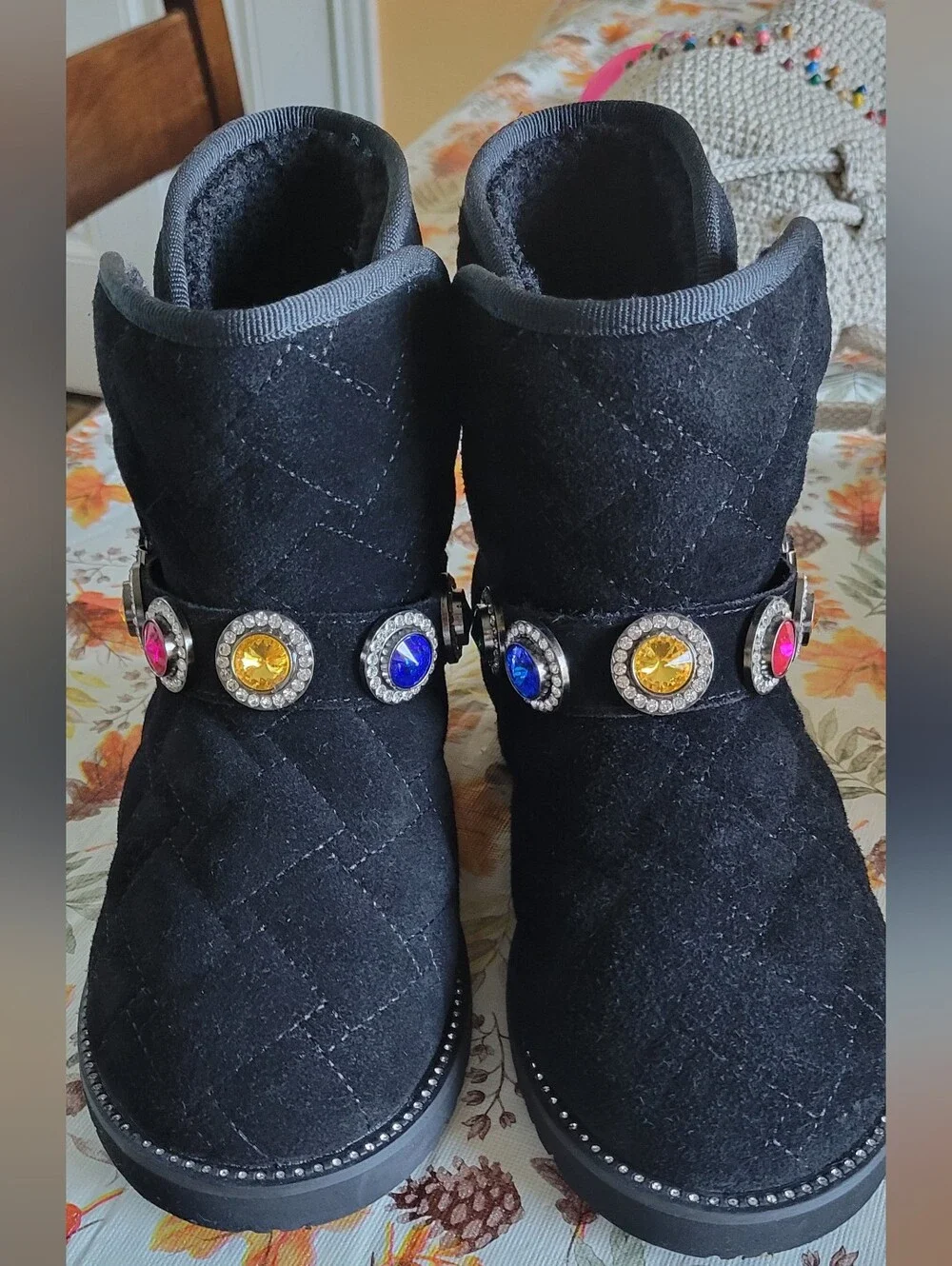 Kurt Geiger Black Suede Ankle Boots with Multicolored Gem Accents